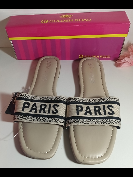 no brand Shoes - Golden Road New York "PARIS" Embroidered Canvas Slide Sandals - Beige Size 10